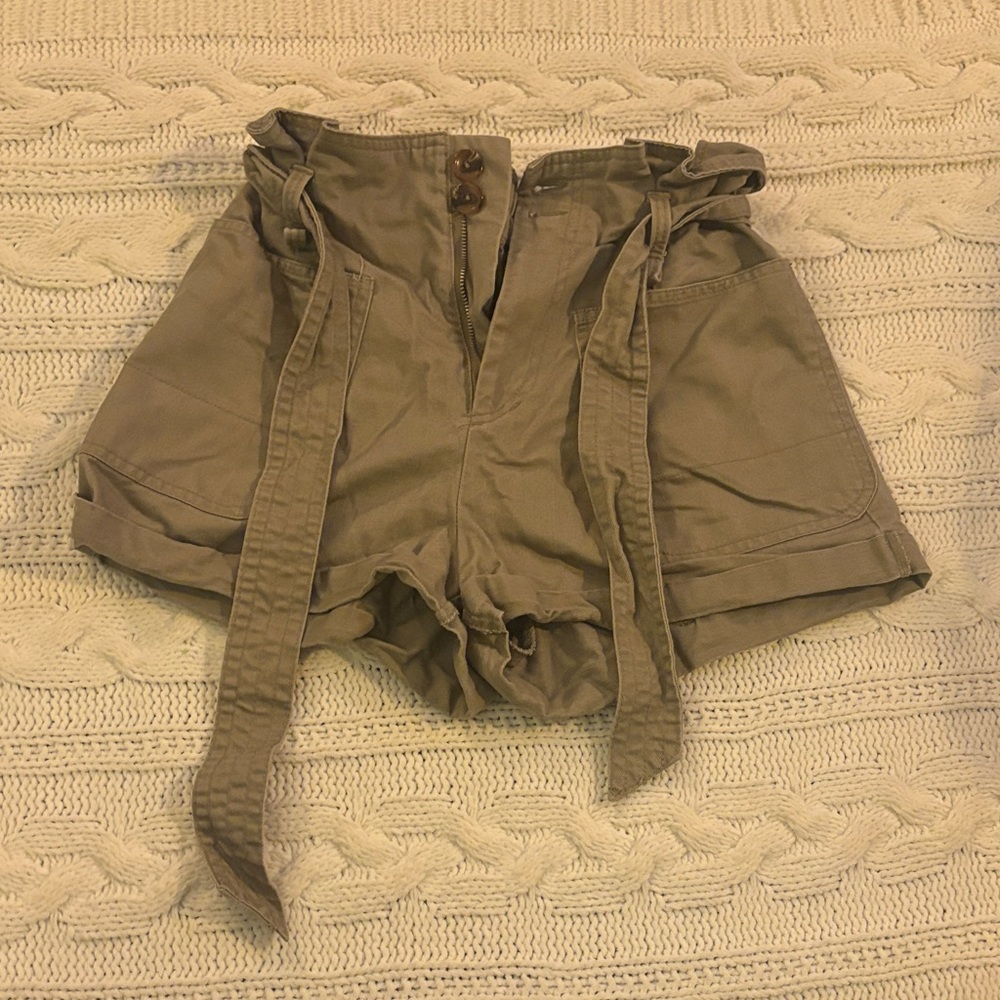 Forever 21 High-Waist Paperbag Belted Shorts in Khaki